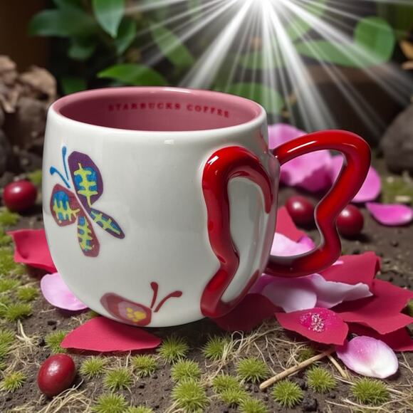 2007 Starbucks Butterfly Coffee Mug With Red Butterfly Shaped Handle 3" Tall - Picture 1 of 10